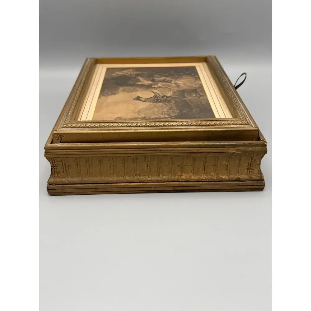 Gilt Wood Mirrored Jewelry Box Framed Pastoral Art Divided Vanity Keepsake